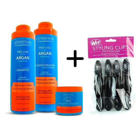 Kerabrasil Pack Argan Shampoo + Condicionador 1 Litro + Tratamiento 500g Gratis 1 Wetbrush styling clips x4 pro - Kosmetica