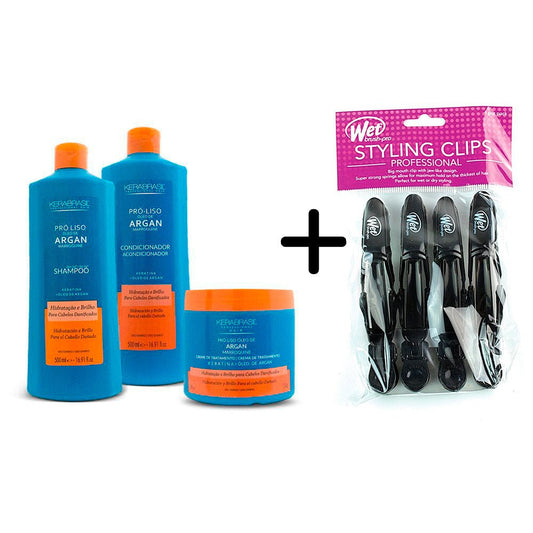 Kerabrasil Pack Argan Shampoo + Condicionador 500ml + Tratamiento 500g Gratis 1 Wetbrush styling clips x4 pro - Kosmetica