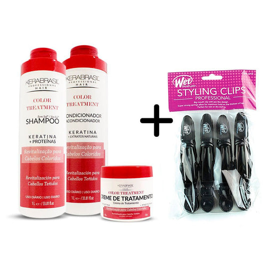 Kerabrasil Pack Color Treatment Shampoo + Condicionador 1 Litro + Tratamiento 500g Gratis 1 Wetbrush styling clips x4 pro - Kosmetica