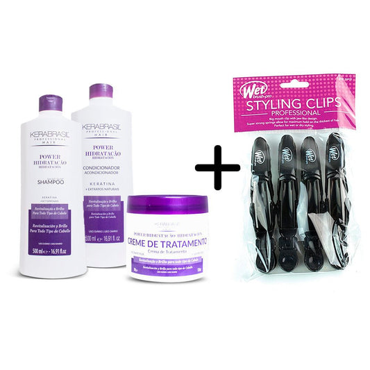 Kerabrasil Pack Power Hidratación Shampoo + Condicionador 500ml + Tratamiento 500g Gratis 1 Wetbrush styling clips x4 pro - Kosmetica