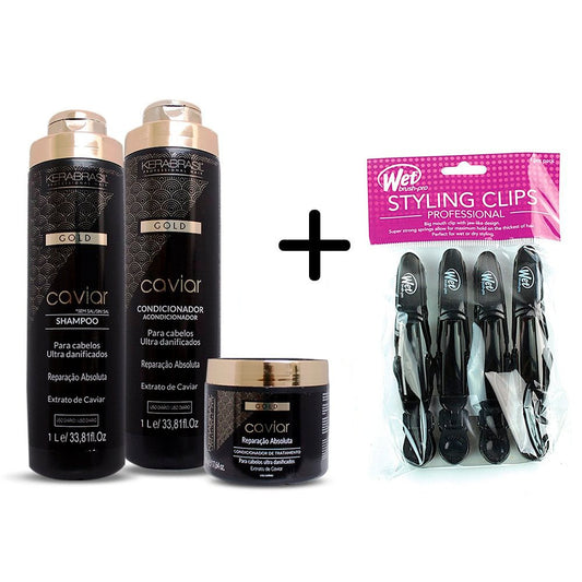 Kerabrasil Pack Caviar Shampoo + Condicionador 1 Litro + Tratamiento 500g Gratis 1 Wetbrush styling clips x4 pro - Kosmetica