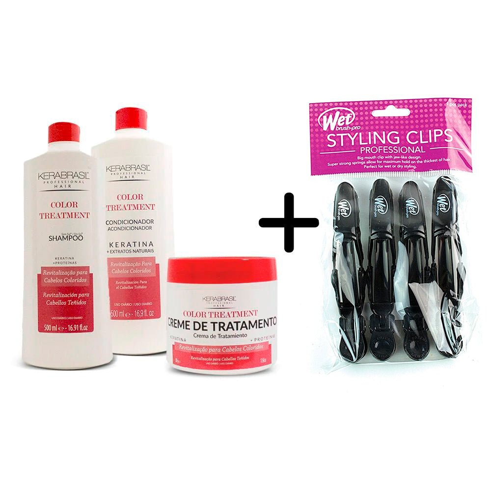 Kerabrasil Pack Color Treatment Shampoo + Condicionador 500ml + Tratamiento 500g Gratis 1 Wetbrush styling clips x4 pro - Kosmetica