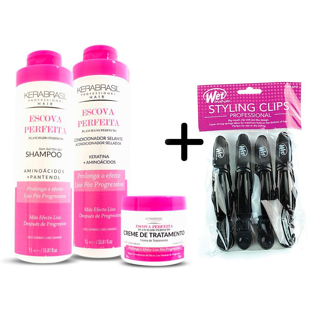 Kerabrasil Pack Planchado Perfecto Shampoo + Condicionador 1 Litro + Tratamiento 500g Gratis 1 Wetbrush styling clips x4 pro - Kosmetica