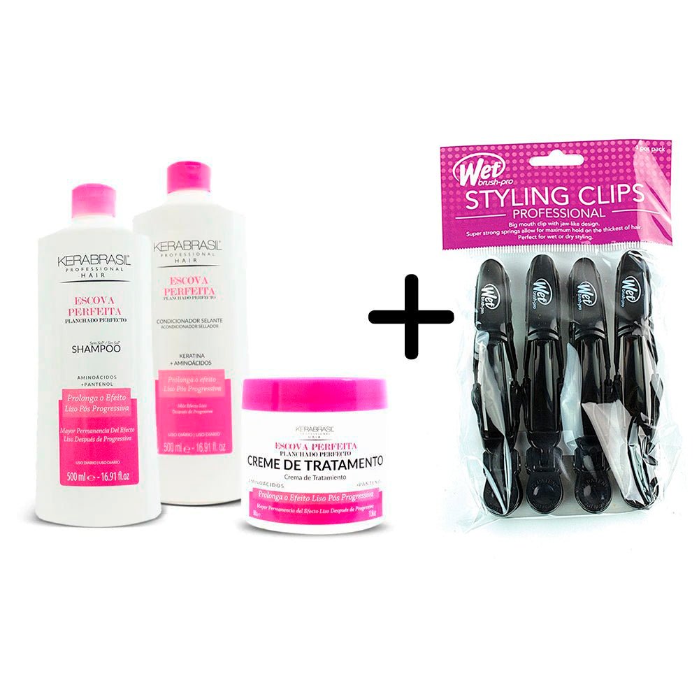 Kerabrasil Pack Planchado Perfecto Shampoo + Condicionador 500ml + Tratamiento 500g Gratis 1 Wetbrush styling clips x4 pro - Kosmetica