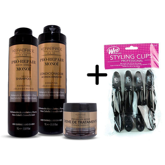 Kerabrasil Pack Pro Repair Monoi Shampoo + Condicionador 1Litro + Tratamiento 500g Gratis 1 Wetbrush styling clips x4 pro - Kosmetica