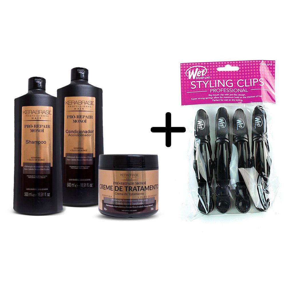 Kerabrasil Pack Pro Repair Monoi Shampoo + Condicionador 500ml + Tratamiento 500g Gratis 1 Wetbrush styling clips x4 pro - Kosmetica