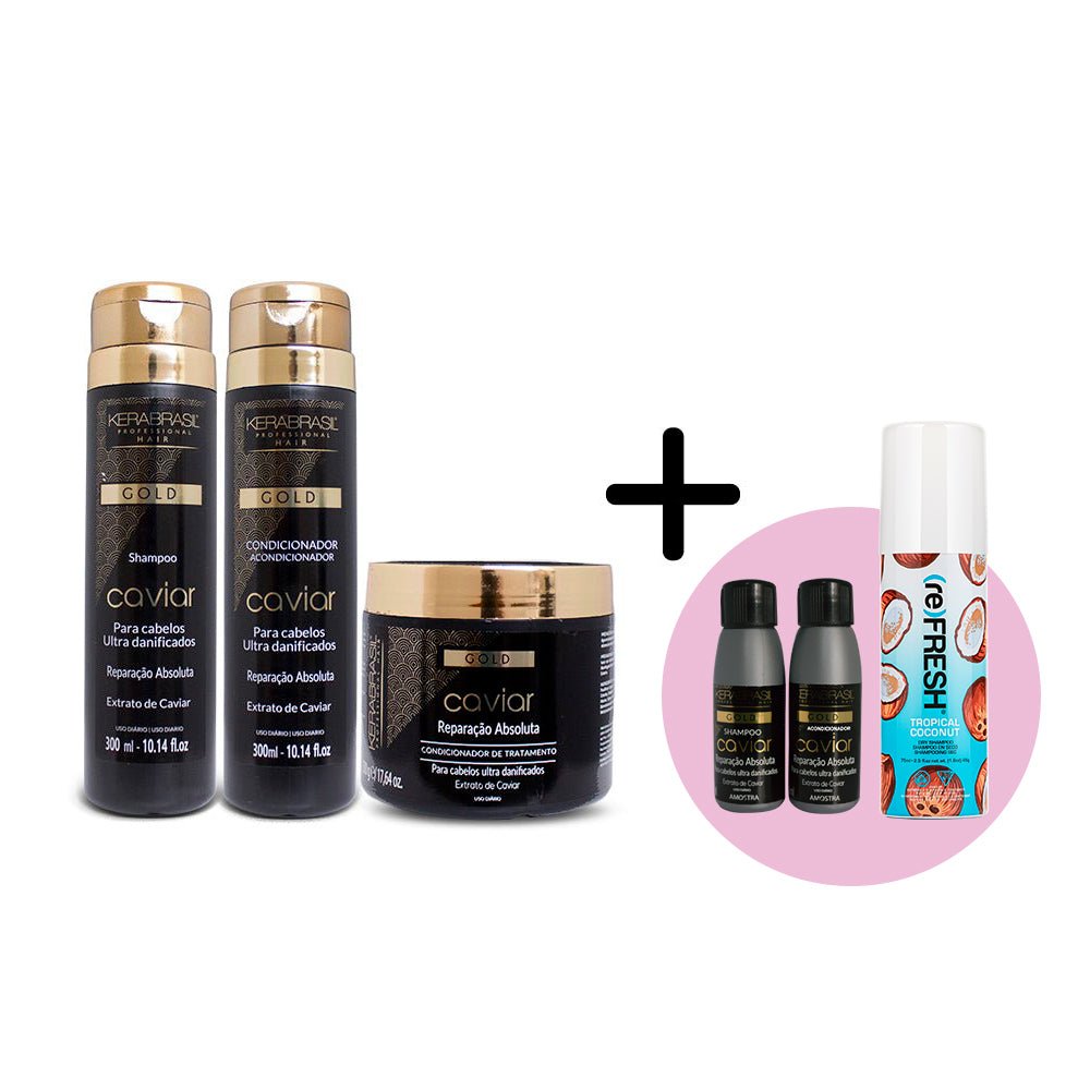 Kerabrasil Pack Caviar Shampoo + Condicionador 300ml + Tratamiento 500g Gratis Shampoo Y Acondicionador 30 ML + 1 shampoo en seco Refresh 75 ml - Kosmetica